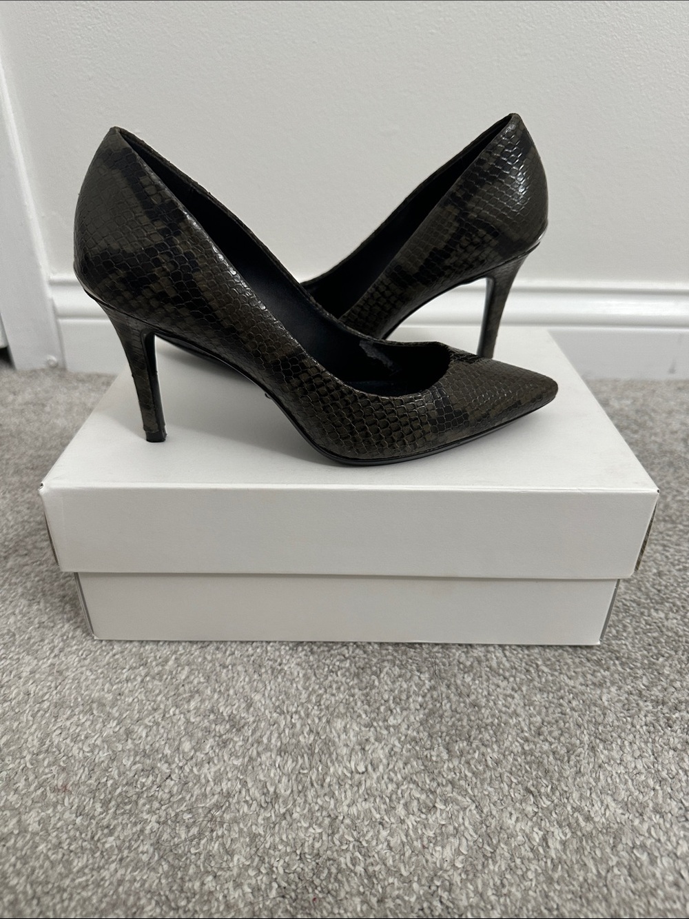 Calvin Klein Olive Snake-Embossed Pointed-Toe Pumps